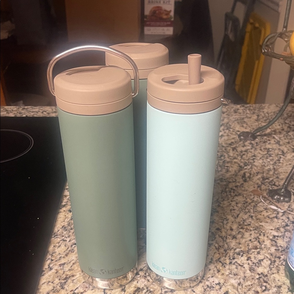 Klean Kanteen Insulated Bottles - Sage Green & Light Blue with Tan Lids